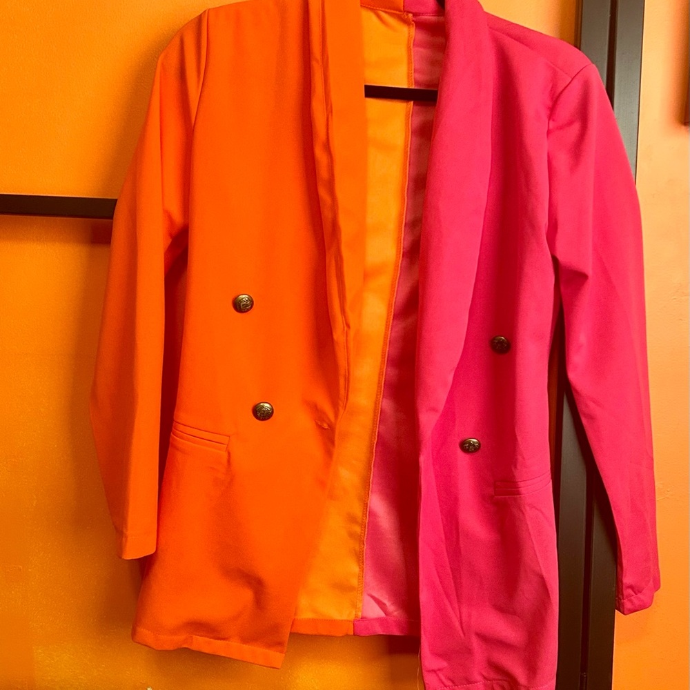 Colorblock Neon Pink & Orange Blazer Jacket Retro Colorblock Statement Blazer